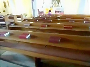 Latina playing with pussy in church