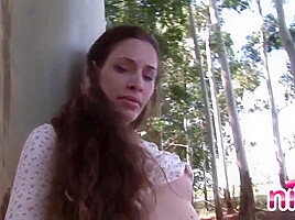 Lesbian Nina get nude showing natural tits and shaved pussy