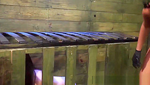 Lesbian sub slapped around and fucked by a huge strap on