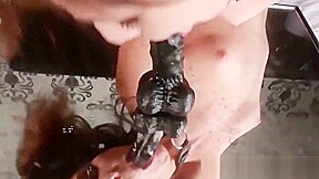 Mesmerizing shemale bounces and feasts on thick dildo solo