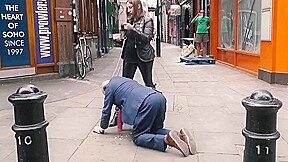 Mistress evilyne cruel engl femdom fed like a dog in public