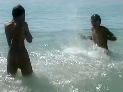 Naked brunette teens 18+ splash in the lake