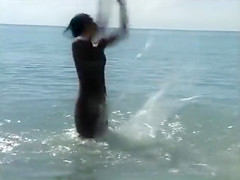 Naked brunette teens 18+ splash in the lake