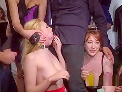 Natural busty blonde gangbanged in public