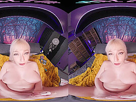 Naturally busty blonde plays with her sex toys in virtual reality