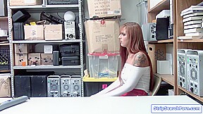 Redhead teen 18+ shoplifter strips then fucked by security guard