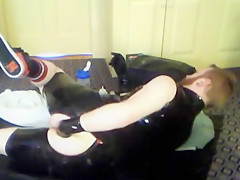 Rubber cub takes large inflatable butt plug