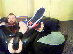 Rubber cub takes large inflatable butt plug