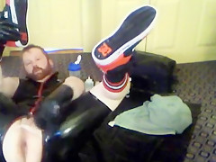 Rubber cub takes large inflatable butt plug