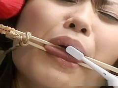 Sexy Asian hogtied outdoors will lots of toy action