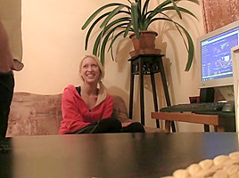 Sexy Blonde porn fan Eva rides me on the sofa