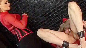 Sexy dominatrix grips a guys penis