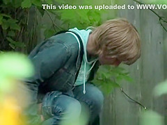 Short hair blonde caught peeing outdoors