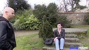 Short haired brunette, Stephanie got a naughty offer from a horny stranger and accepted it