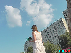 Skinny ass of young gal presented in oops upskirt act