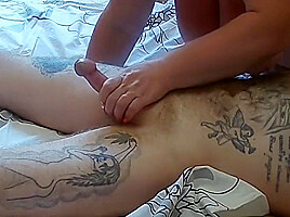 Slicing Cum On My Fat Girl After Jerking Off A Dick