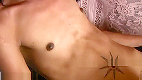 Slim teen 18+ femboy with curly hair masturbates her monstercock
