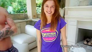 Slim waist petite redhead deep throats