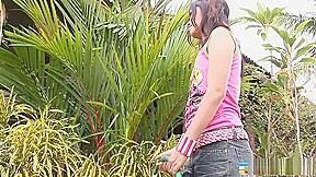 Smoking hot brunette beauty gets playful and buck naked outdoors