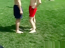Sporty homos feet oiled up and tickled by his friends