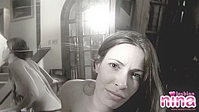 Stockinged lesbian nina strips off slowly