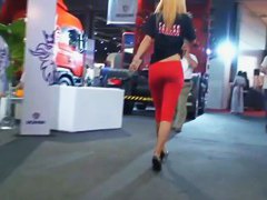 Street candid video with sexy blonde in red pants