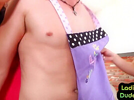 Sub sissy with apron strapon fucked in femdom group
