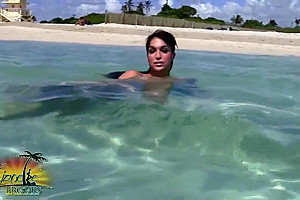 Tanned Skinny Shemale Sucks Cock On Vacation