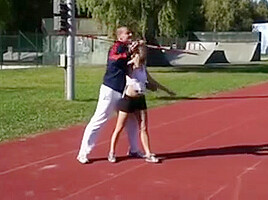 This Buxom Blonde College Coed Has Been Taking Javelin Lesso