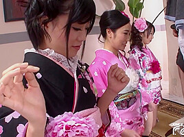 Three Japanese Babes Blow A Group Of Men With Hairy Cocks And Swallow Cum
