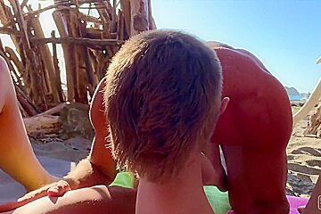 Threesome On A Beach With Hot Blonde And Sexy Brunette And Hot Guy