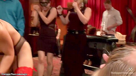 Two Slaves Fucked In Threesome At Party
