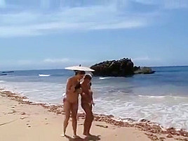 Westy and Shione topless beach walk