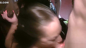 Whore gets face spunked in blow bang