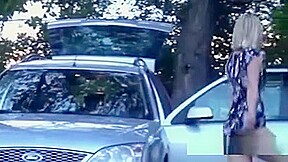 Wide Opened Blonde Pissing In Her Car Top
