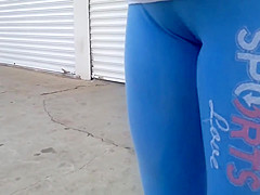 blue latina cameltoe leggins on the street