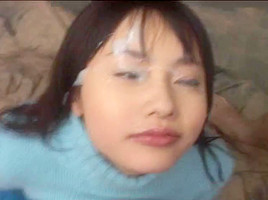bukkake floozy eats the semen out of her eyes!