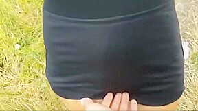 hot redhead babe gives blowjob outdoor and takes cum on tits