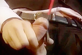 mistress in red thigh high boots and gloves takes anal and drinks cum