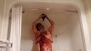 ugly, obese old lady, huge belly, nude shower with chocolate syrup