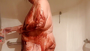 ugly, obese old lady, huge belly, nude shower with chocolate syrup