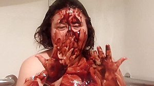 ugly, obese old lady, huge belly, nude shower with chocolate syrup