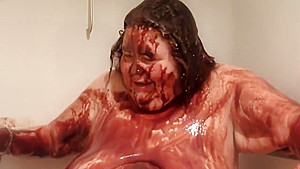ugly, obese old lady, huge belly, nude shower with chocolate syrup