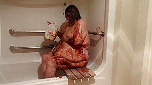 ugly, obese old lady, huge belly, nude shower with chocolate syrup