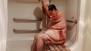 ugly, obese old lady, huge belly, nude shower with chocolate syrup