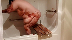 ugly, obese old lady, huge belly, nude shower with chocolate syrup